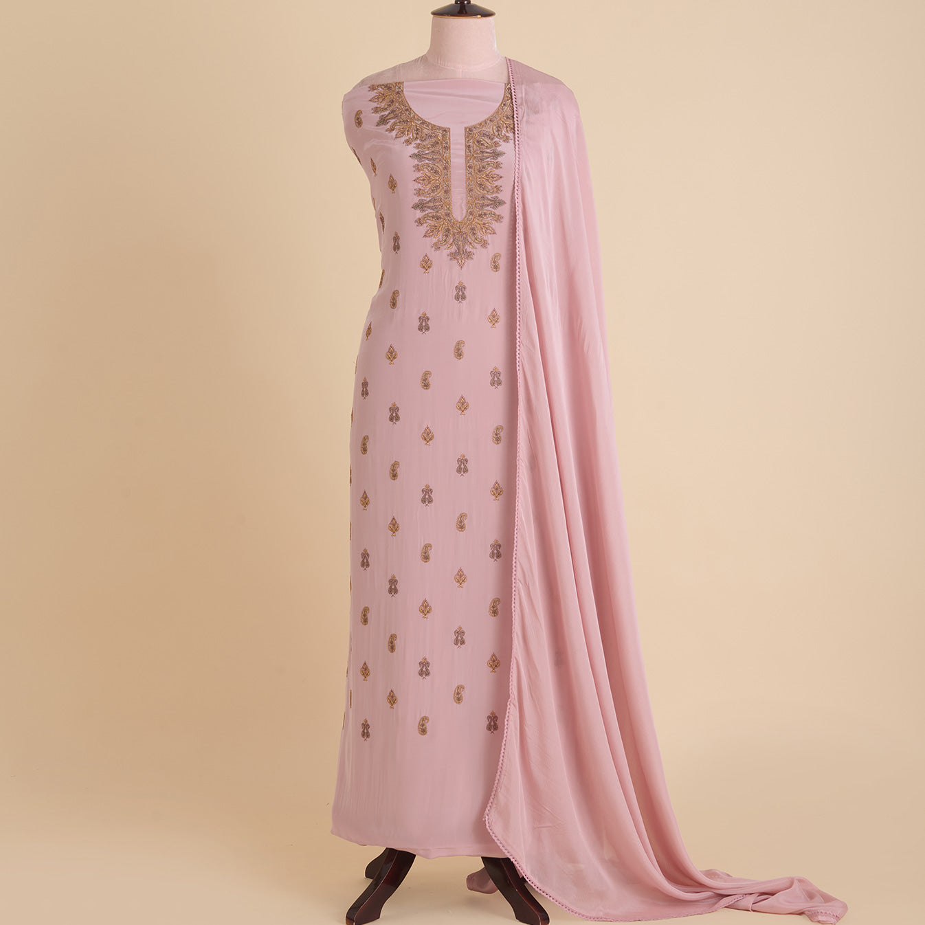 Onion Pink Viscose Crepe Thread Embroidered Suit with Chinnon Dupatta