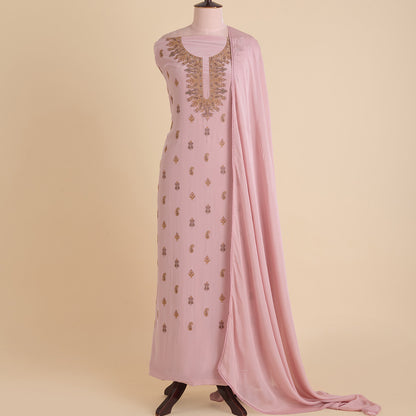 Onion Pink Viscose Crepe Thread Embroidered Suit with Chinnon Dupatta