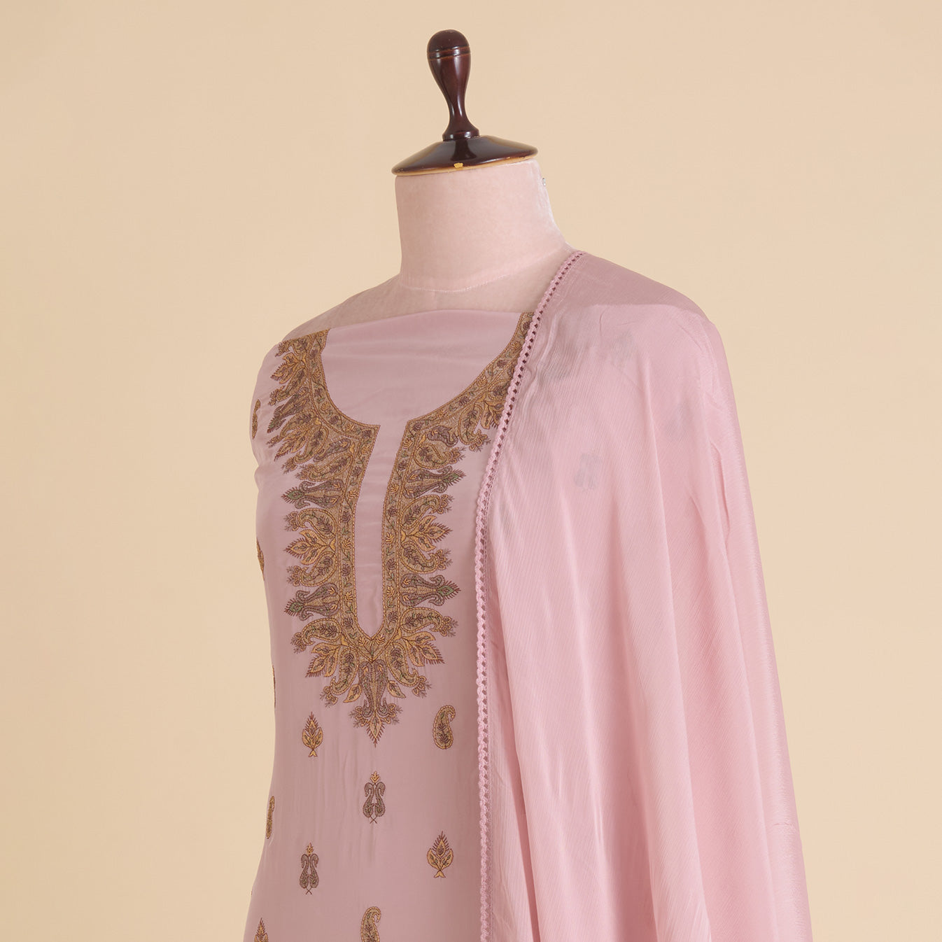 Onion Pink Viscose Crepe Thread Embroidered Suit with Chinnon Dupatta