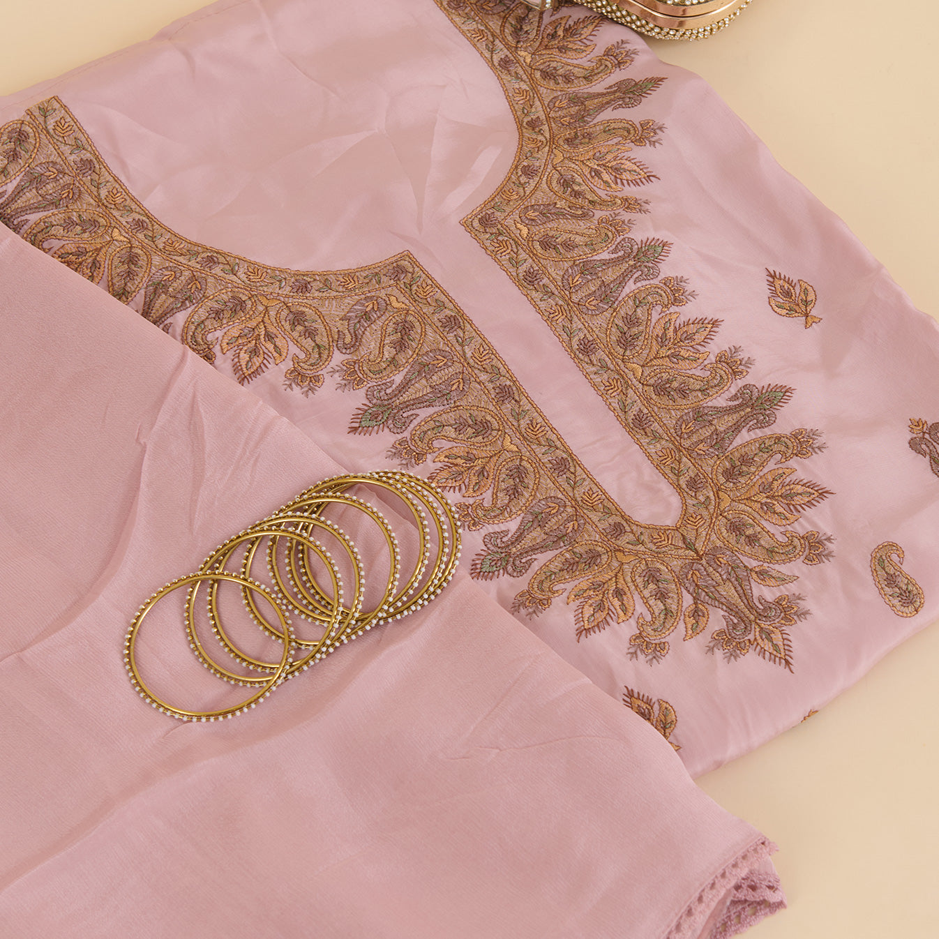 Onion Pink Viscose Crepe Thread Embroidered Suit with Chinnon Dupatta