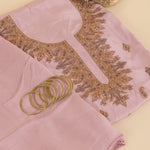 Onion Pink Viscose Crepe Thread Embroidered Suit with Chinnon Dupatta