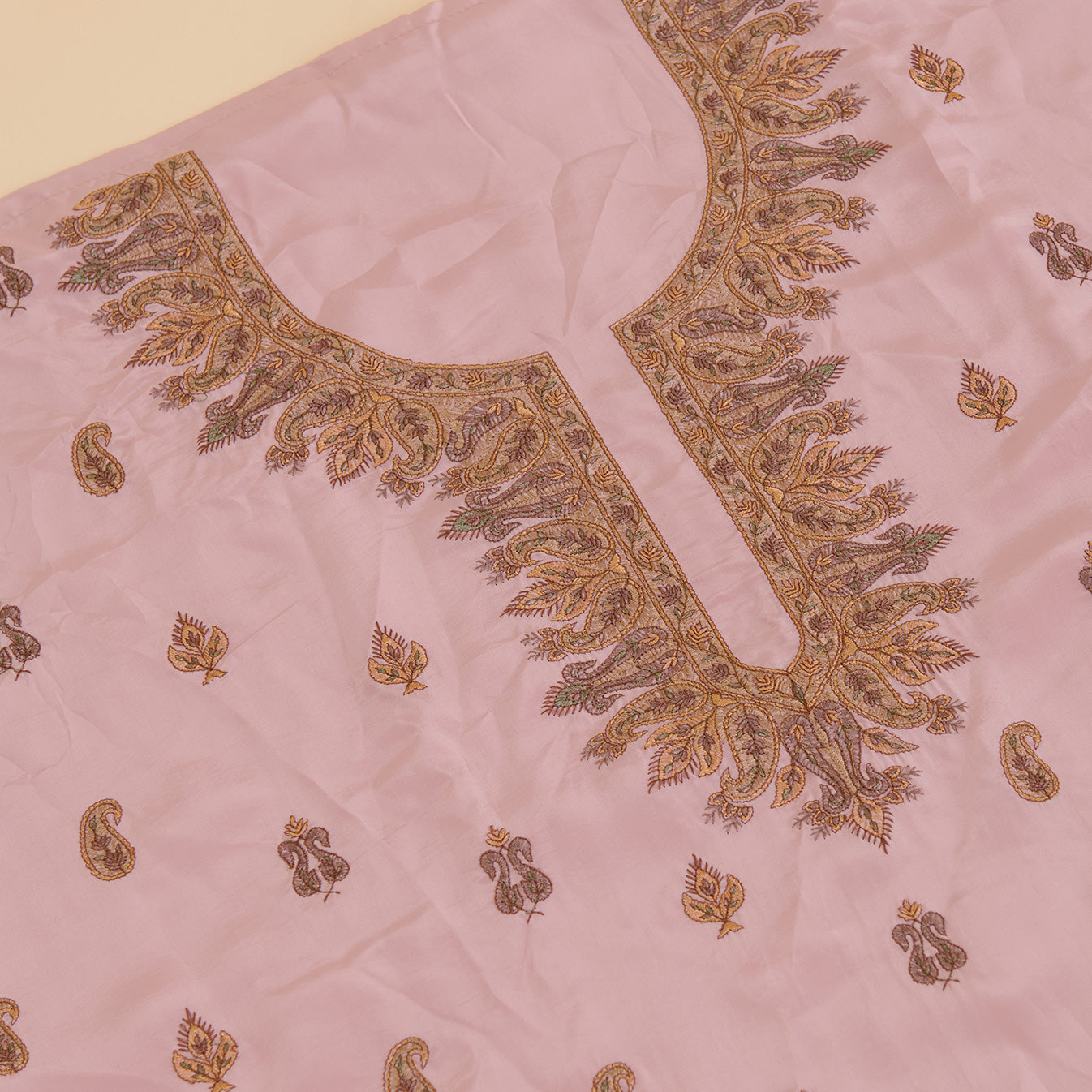 Onion Pink Viscose Crepe Thread Embroidered Suit with Chinnon Dupatta