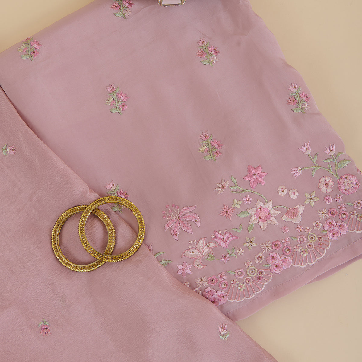 Onion Pink Viscose Crepe Thread Embroidered Buti Kurta