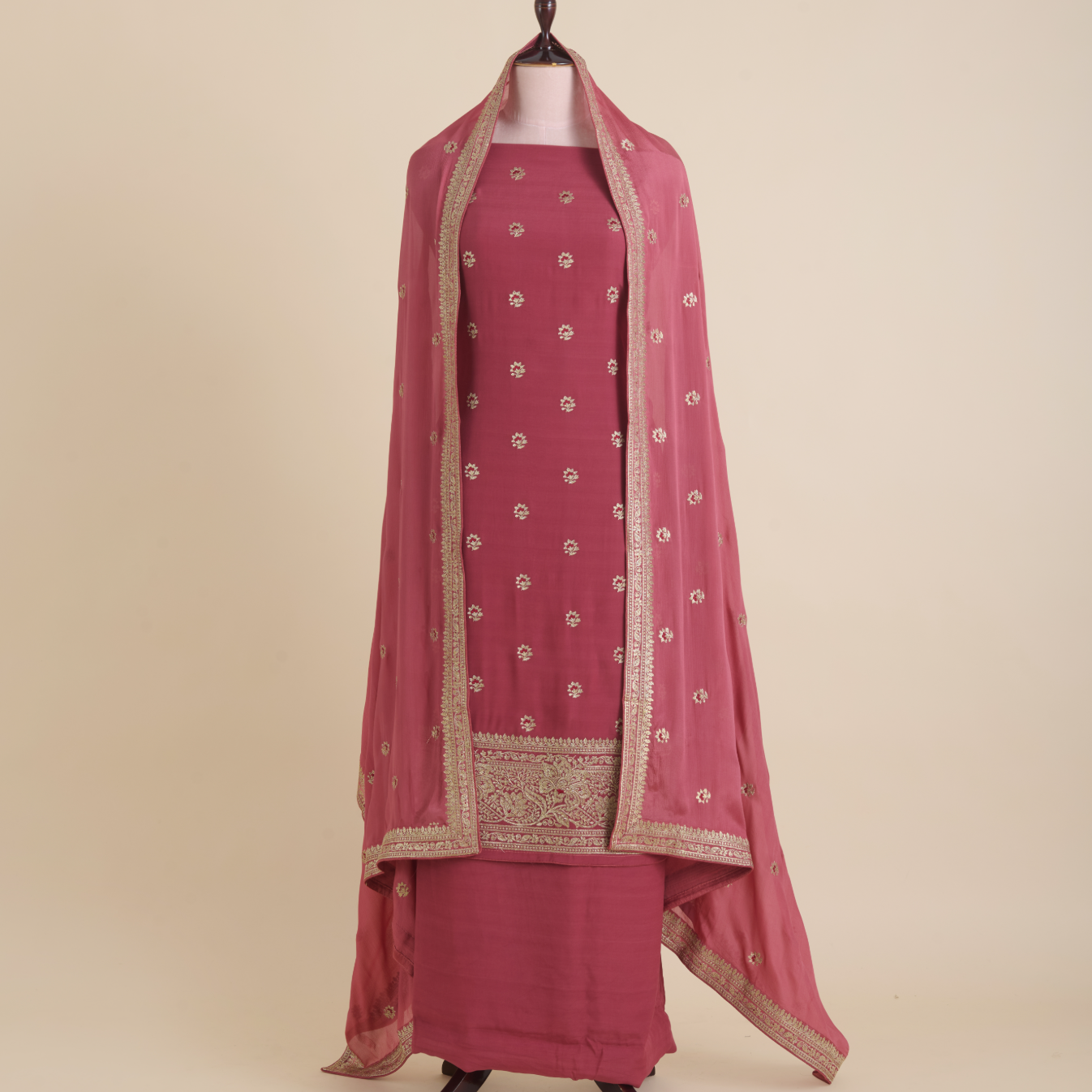 Onion Pink Viscose Crepe Zari & Resham Embroidered Kurta Set