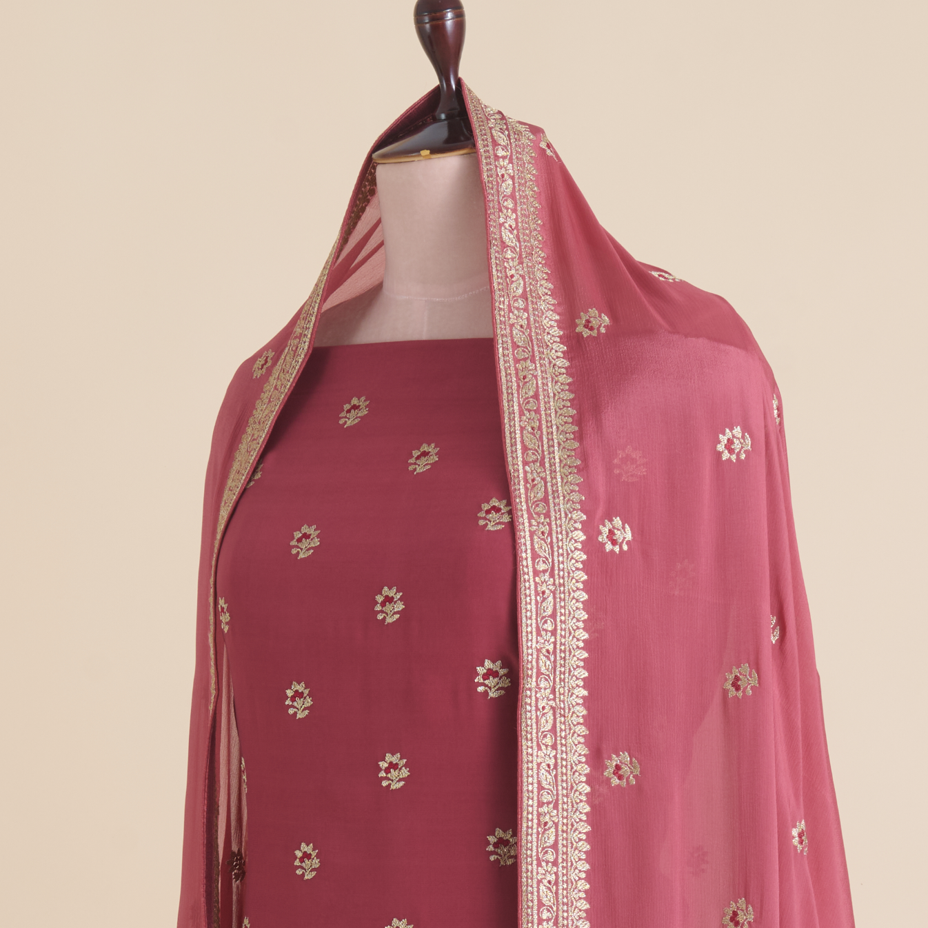 Onion Pink Viscose Crepe Zari & Resham Embroidered Kurta Set