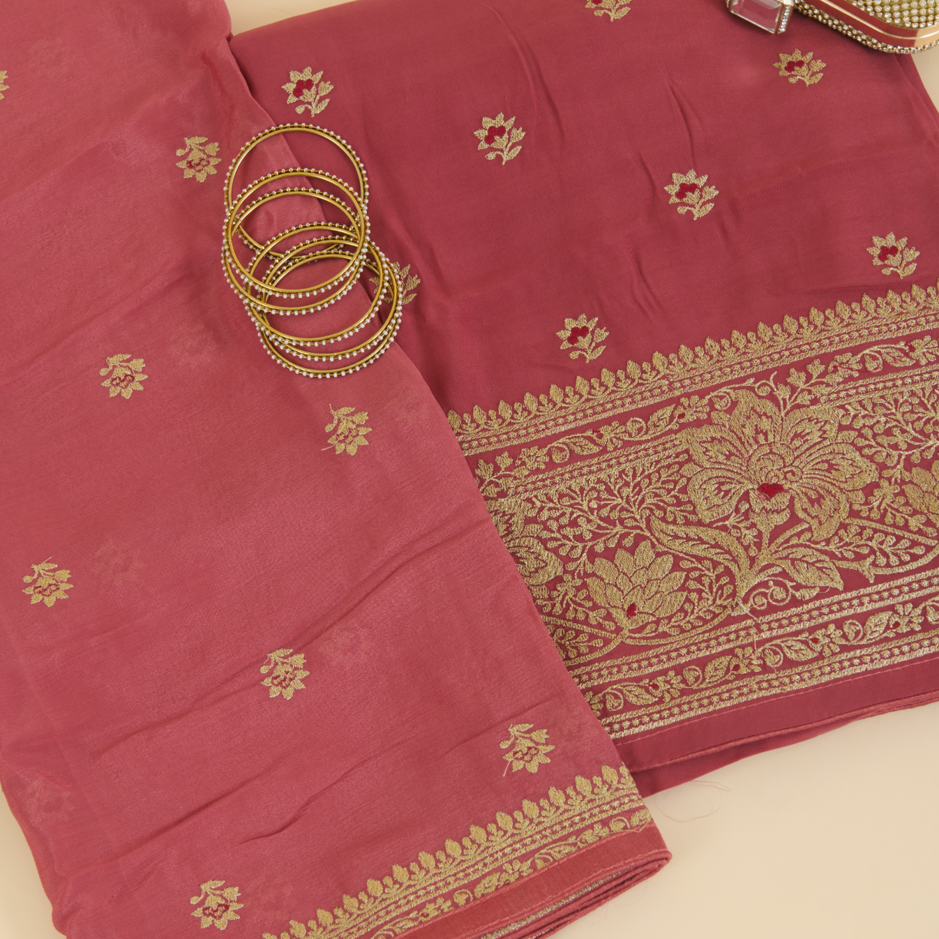 Onion Pink Viscose Crepe Zari & Resham Embroidered Kurta Set