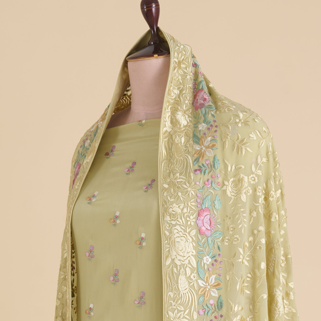 Pale Green Viscose Crepe Resham Embroidered Kurta Set
