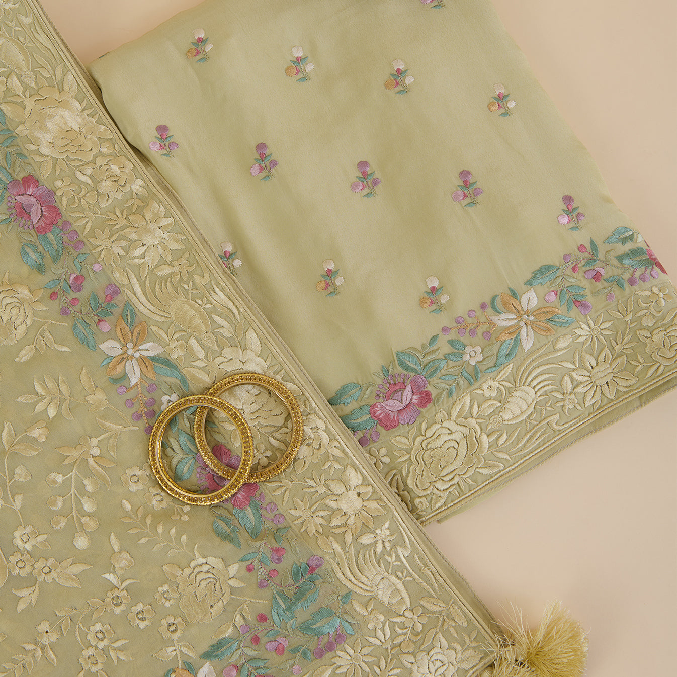 Pale Green Viscose Crepe Resham Embroidered Kurta Set