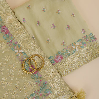 Pale Green Viscose Crepe Resham Embroidered Kurta Set
