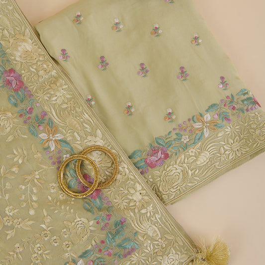 Pale Green Viscose Crepe Resham Embroidered Kurta Set