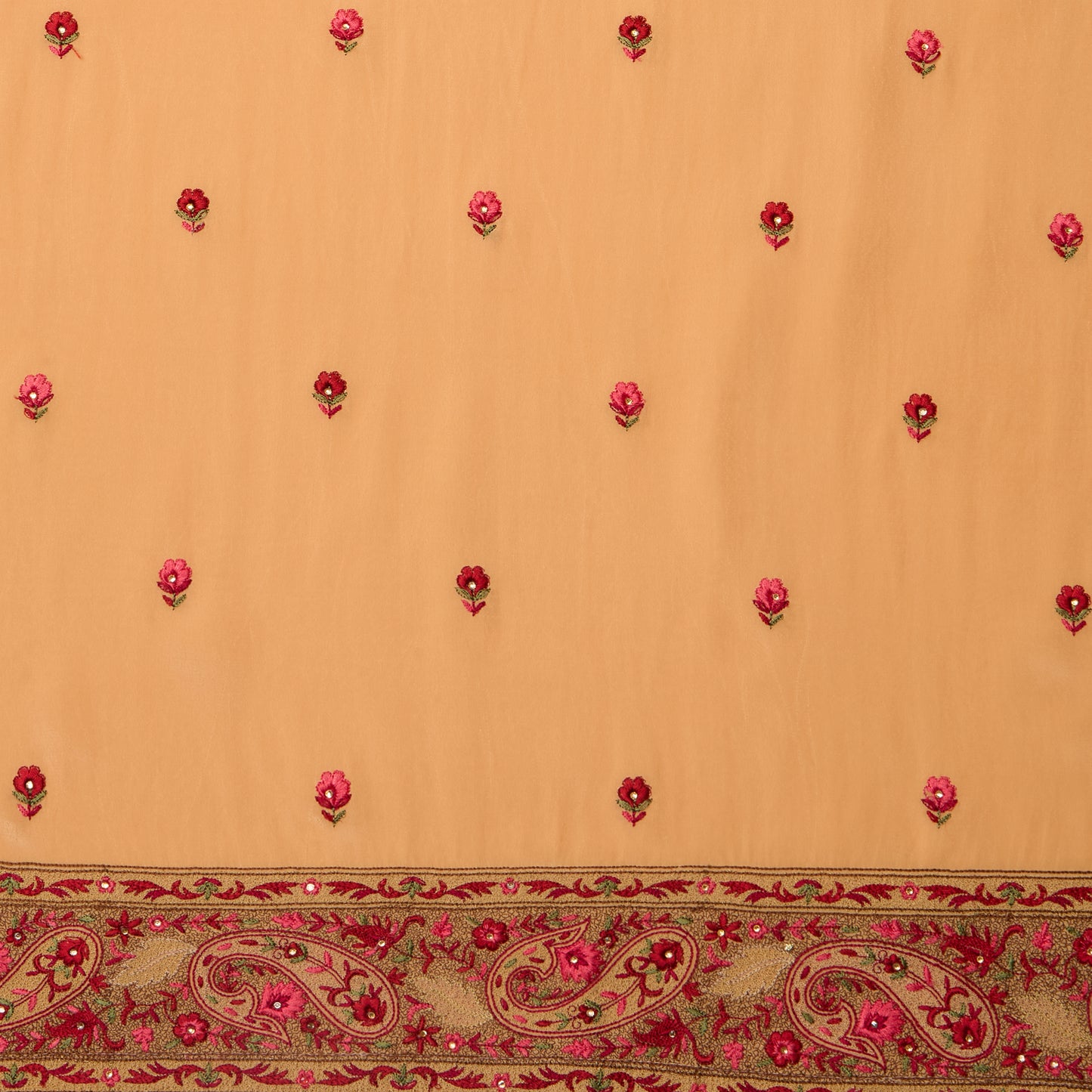 Peach Viscose Crepe Kurta Set with Kashmiri & Stone Embroidery