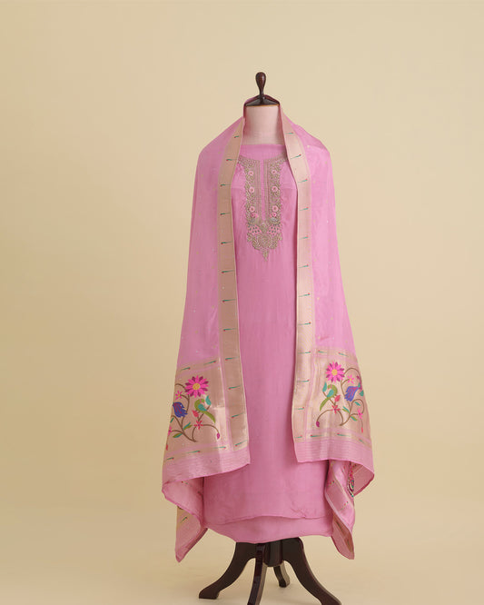 Rose Pink Organza Kurta with Zardozi & Sequin Embroidery and Organza Dupatta