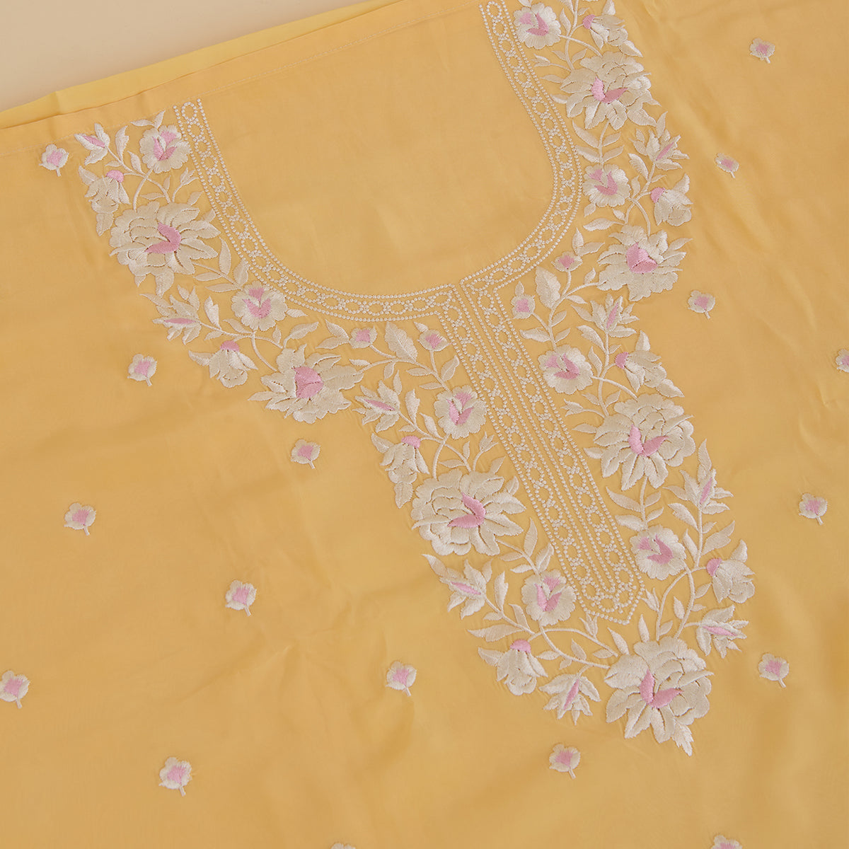 Yellow Gold Parsi Embroidered Viscose Crepe Suit Set