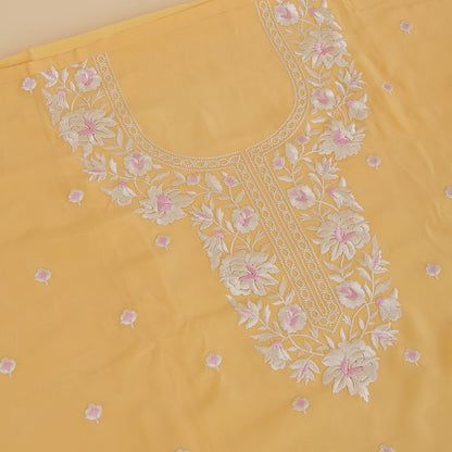 Yellow Gold Parsi Embroidered Viscose Crepe Suit Set