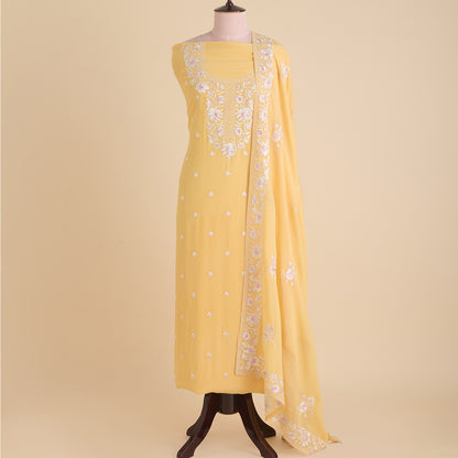 Yellow Gold Parsi Embroidered Viscose Crepe Suit Set