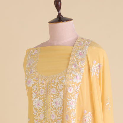 Yellow Gold Parsi Embroidered Viscose Crepe Suit Set