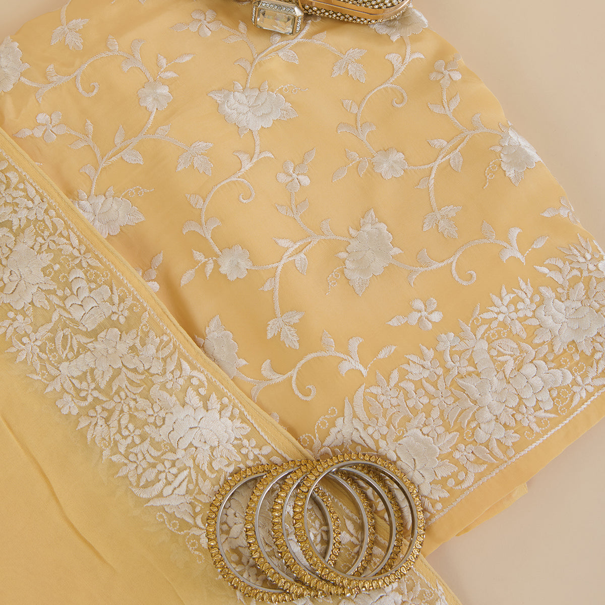 Yellow Viscose Crepe Parsi Jaal Embroidered Kurta with Dupatta