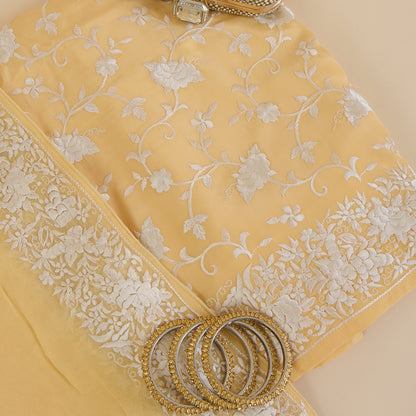 Yellow Viscose Crepe Parsi Jaal Embroidered Kurta with Dupatta