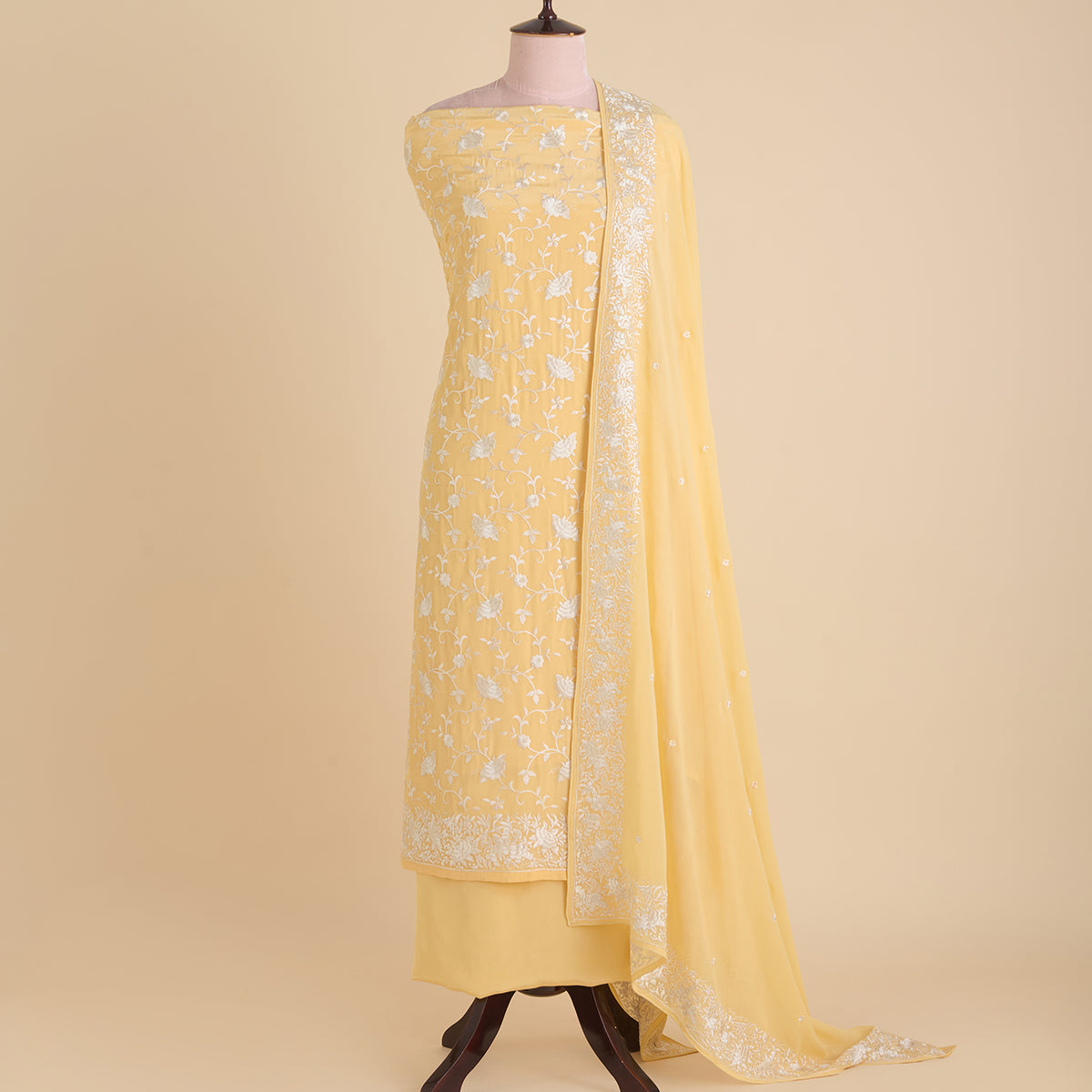 Yellow Viscose Crepe Parsi Jaal Embroidered Kurta with Dupatta