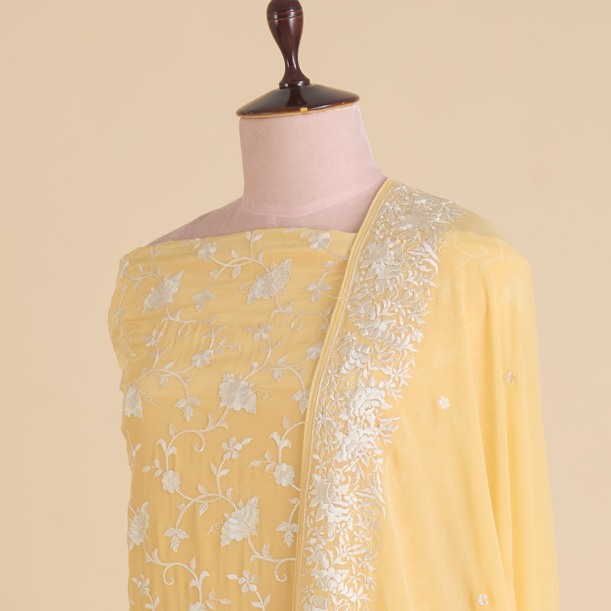 Yellow Viscose Crepe Parsi Jaal Embroidered Kurta with Dupatta
