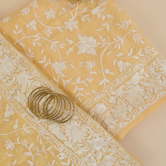 Yellow Viscose Crepe Parsi Jaal Embroidered Kurta with Dupatta