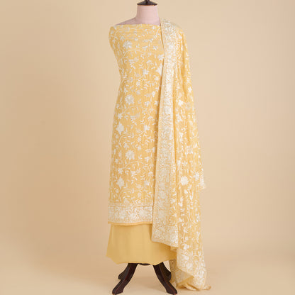 Yellow Viscose Crepe Parsi Jaal Embroidered Kurta with Dupatta