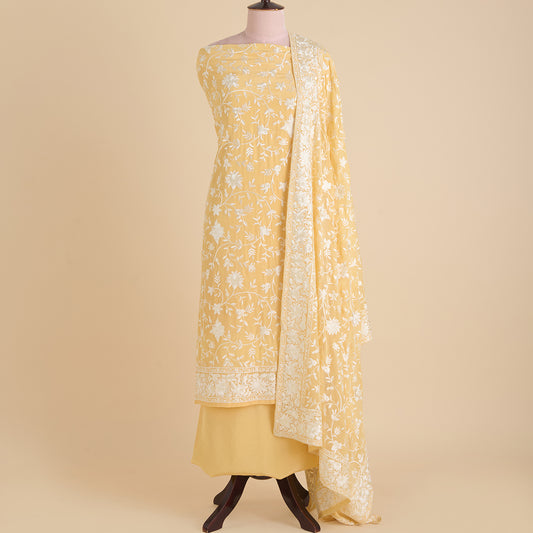 Yellow Viscose Crepe Parsi Jaal Embroidered Kurta with Dupatta
