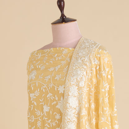 Yellow Viscose Crepe Parsi Jaal Embroidered Kurta with Dupatta