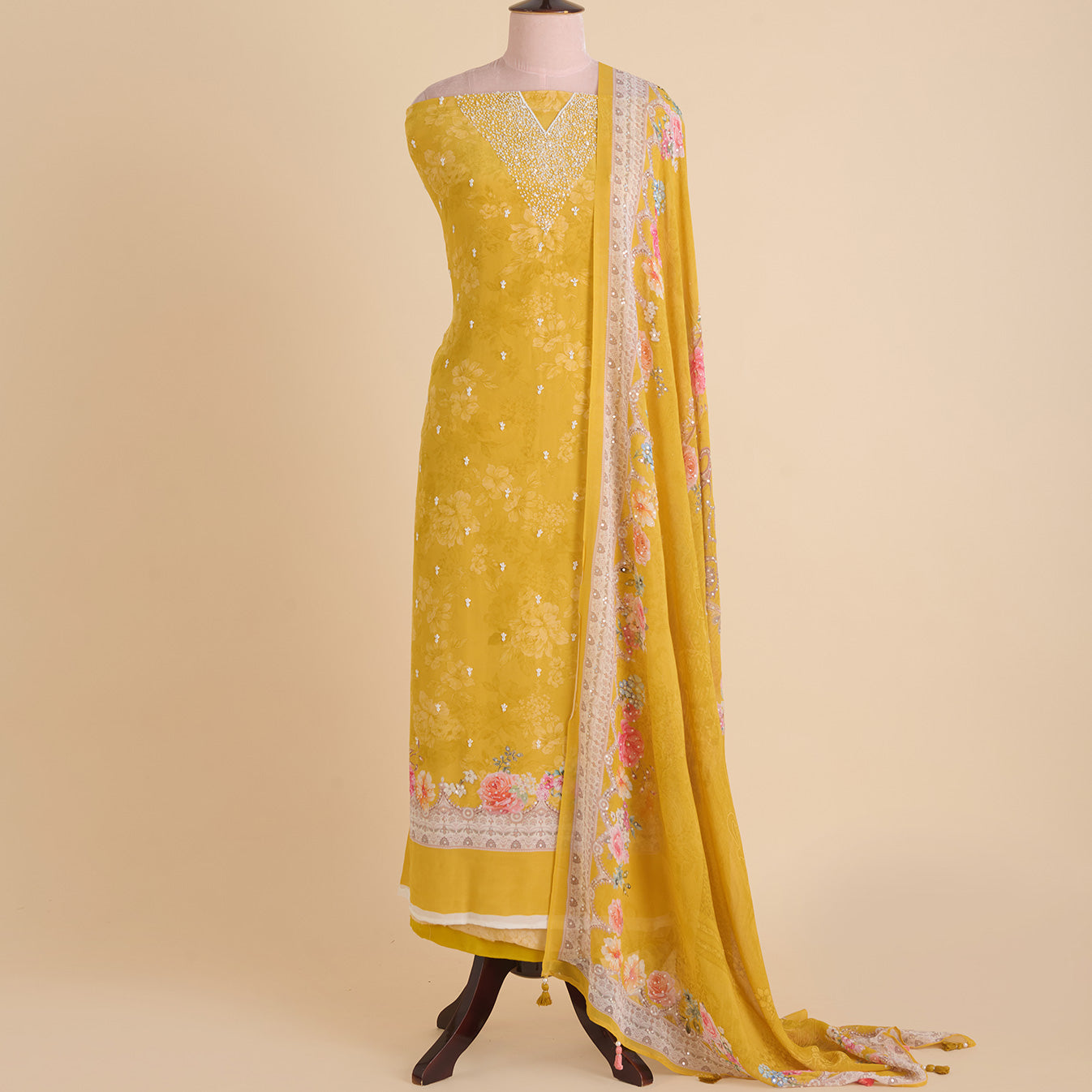 Yellow Viscose Crepe Printed Kurta Set with Embroidered Dupatta