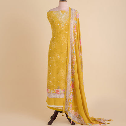 Yellow Viscose Crepe Printed Kurta Set with Embroidered Dupatta