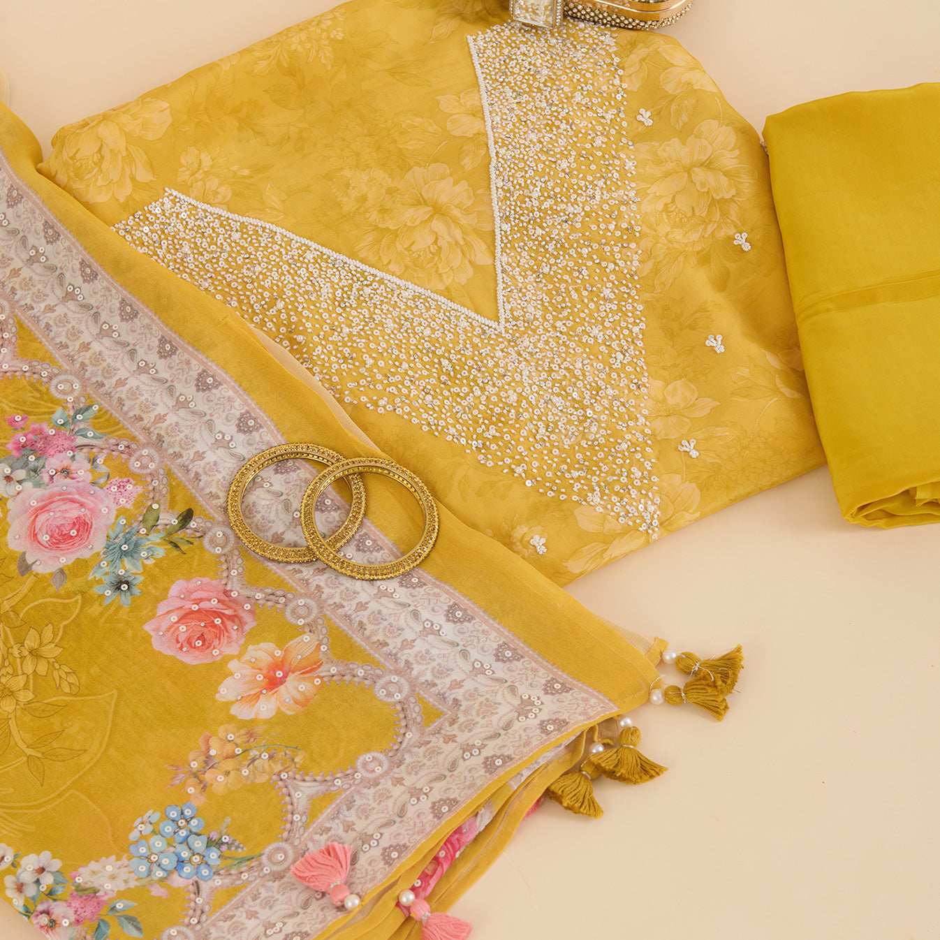 Yellow Viscose Crepe Printed Kurta Set with Embroidered Dupatta