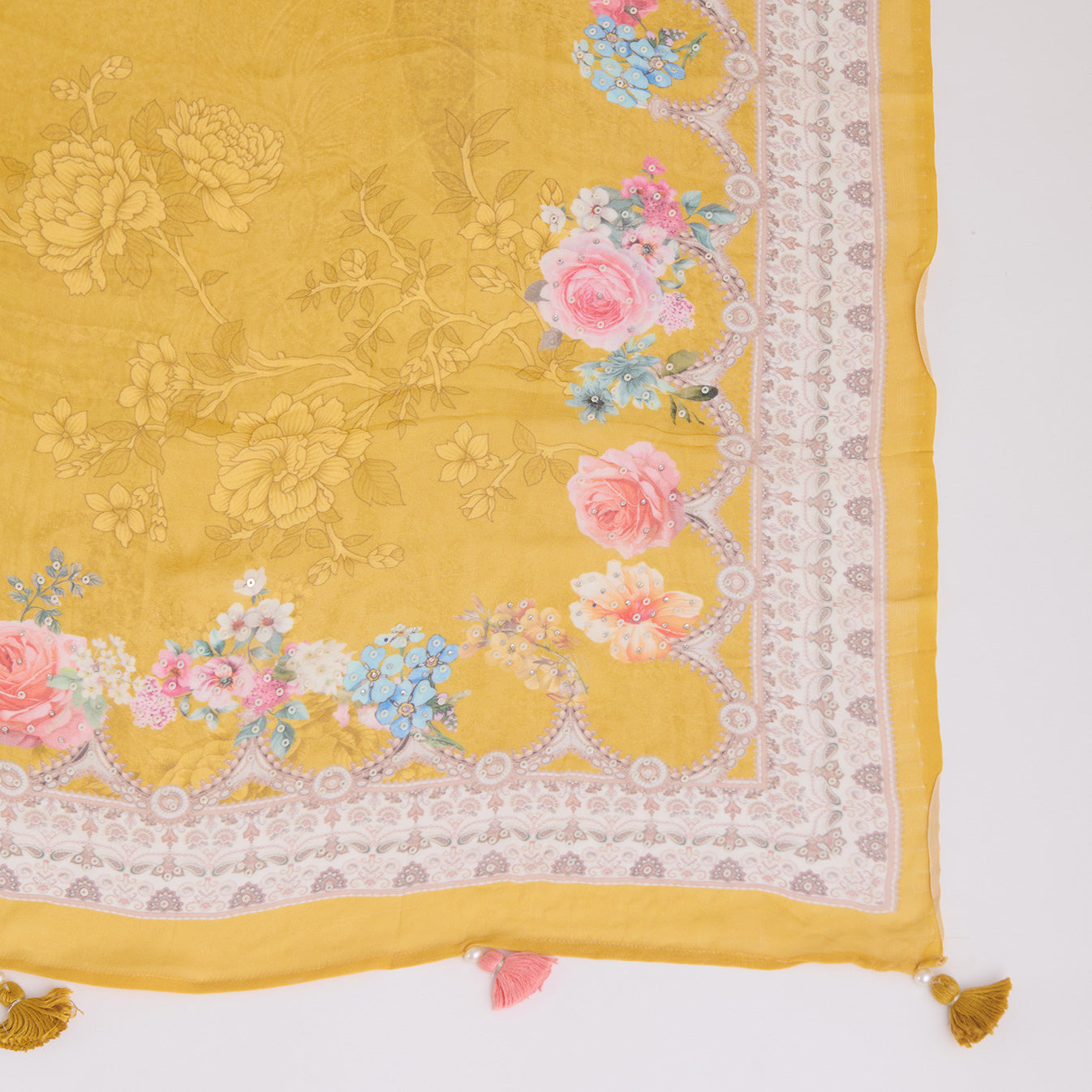 Yellow Viscose Crepe Printed Kurta Set with Embroidered Dupatta