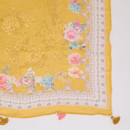 Yellow Viscose Crepe Printed Kurta Set with Embroidered Dupatta