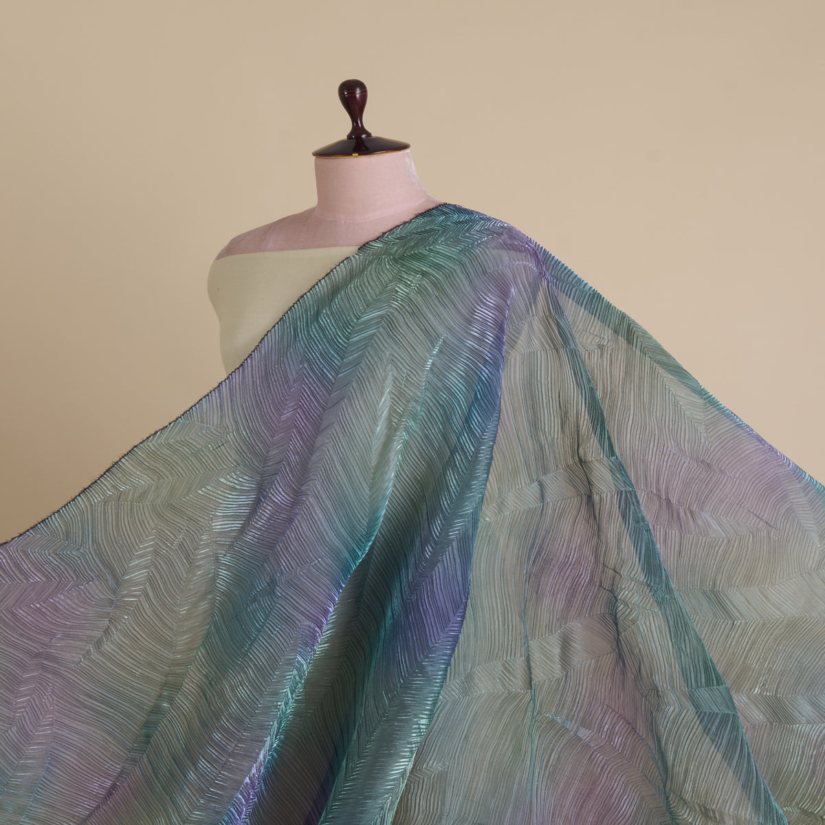 Green Multi Leaf Wrinkled Shimmer Organza Fabric