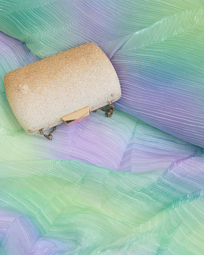 Green & Multicolor Wrinkled Shimmer Organza Fabric with Leaf Motifs
