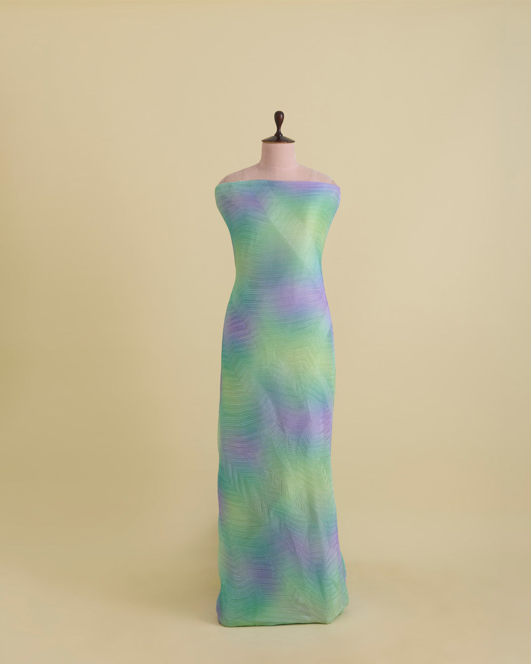 Green & Multicolor Wrinkled Shimmer Organza Fabric with Leaf Motifs