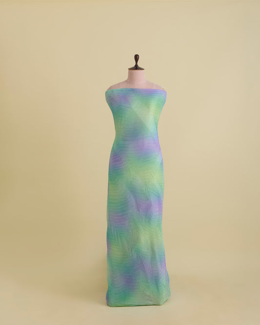 Green & Multicolor Wrinkled Shimmer Organza Fabric with Leaf Motifs