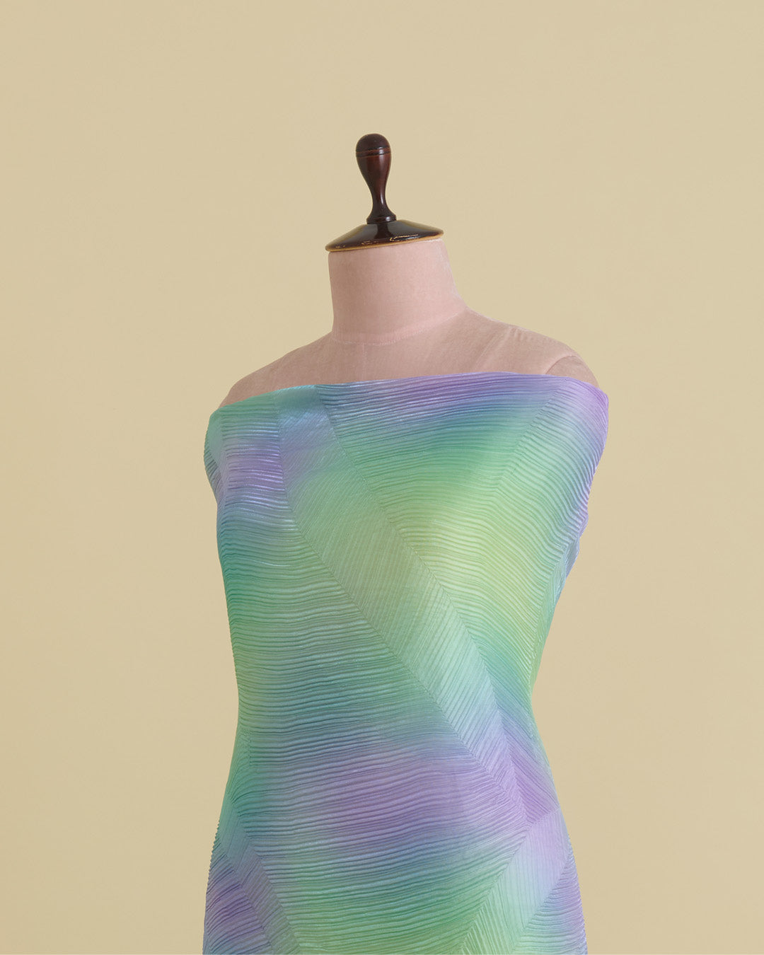 Green & Multicolor Wrinkled Shimmer Organza Fabric with Leaf Motifs