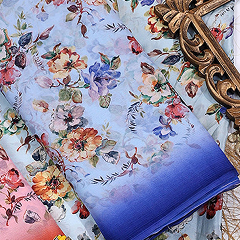 Blue Digital Printed Pure Chiffon Fabric