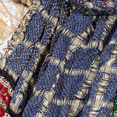 Blue Gaji Bandhej Checks Woven with Ajrakh Pallu Dupatta