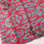 Red And Teal Color Fabric in Chanderi Print