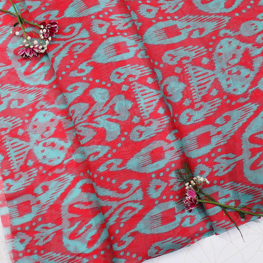 Red And Teal Color Fabric in Chanderi Print