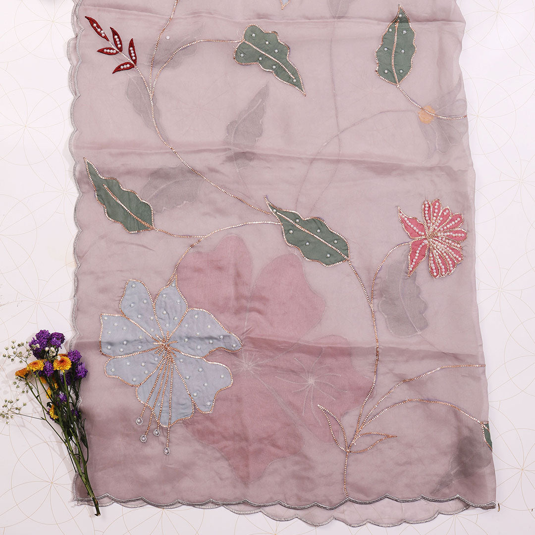 Mauve Organza Aplick Work Dupatta