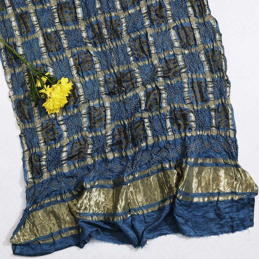 Navy Blue Gaji Silk Gharchola Bandhej With Ajrakh Print Dupatta