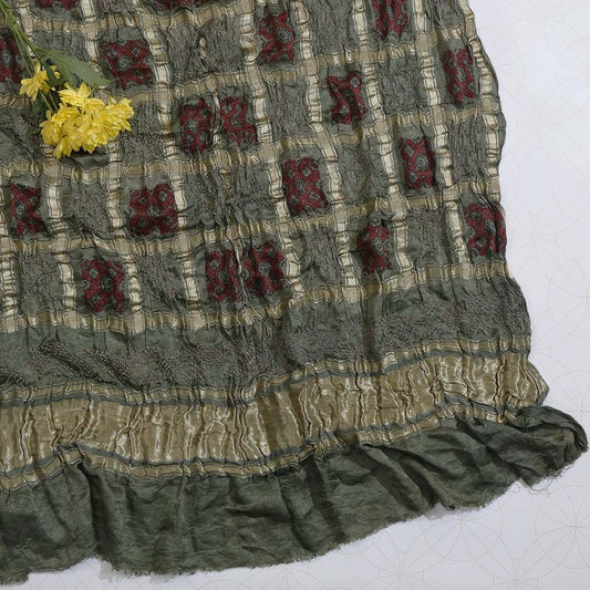 Olive Green Gaji Silk Gharchola Bandhej With Ajrakh Print Dupatta