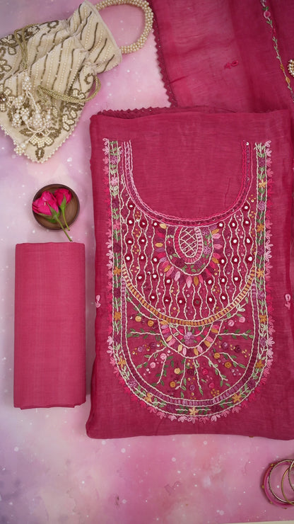 Carrot Pink Silk Linen Kurta Set with French Knot, Sequins & Aabla Work