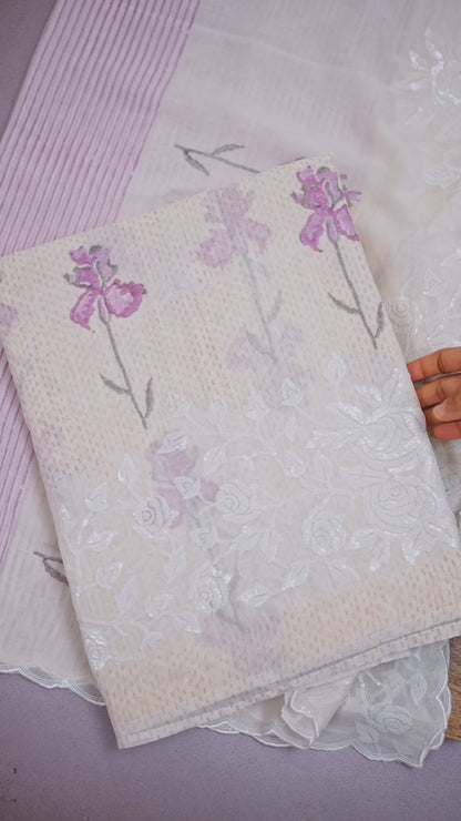White Onion Pink Chanderi Block Printed Suit with Embroidery Dupatta & Cotton Bottom