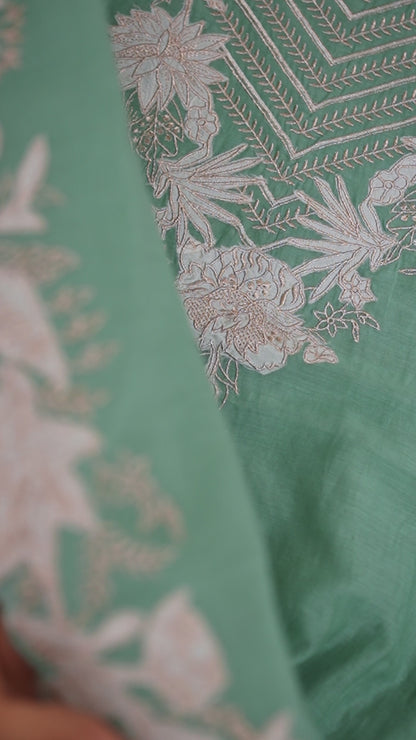 Green Fine Chanderi Suit with Zari Appliqué Embroidery & Dupatta