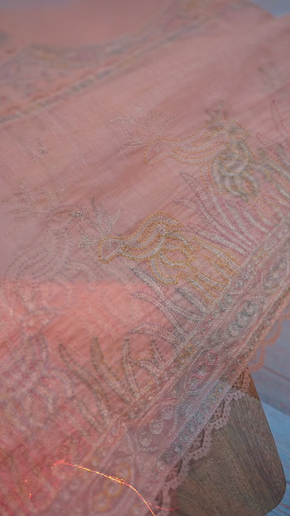 Peach Fine Chanderi Suit with Resham Zari Embroidery & Dupatta