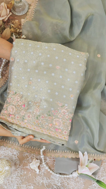 Dusty Grey Tissue Woven Suit with Zardosi Sequin Resham Embroidery Set